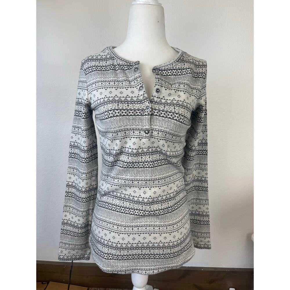 Columbia Fair Isle Long Sleeve 1/4 button Thermal TShirt Gray Western Womens M